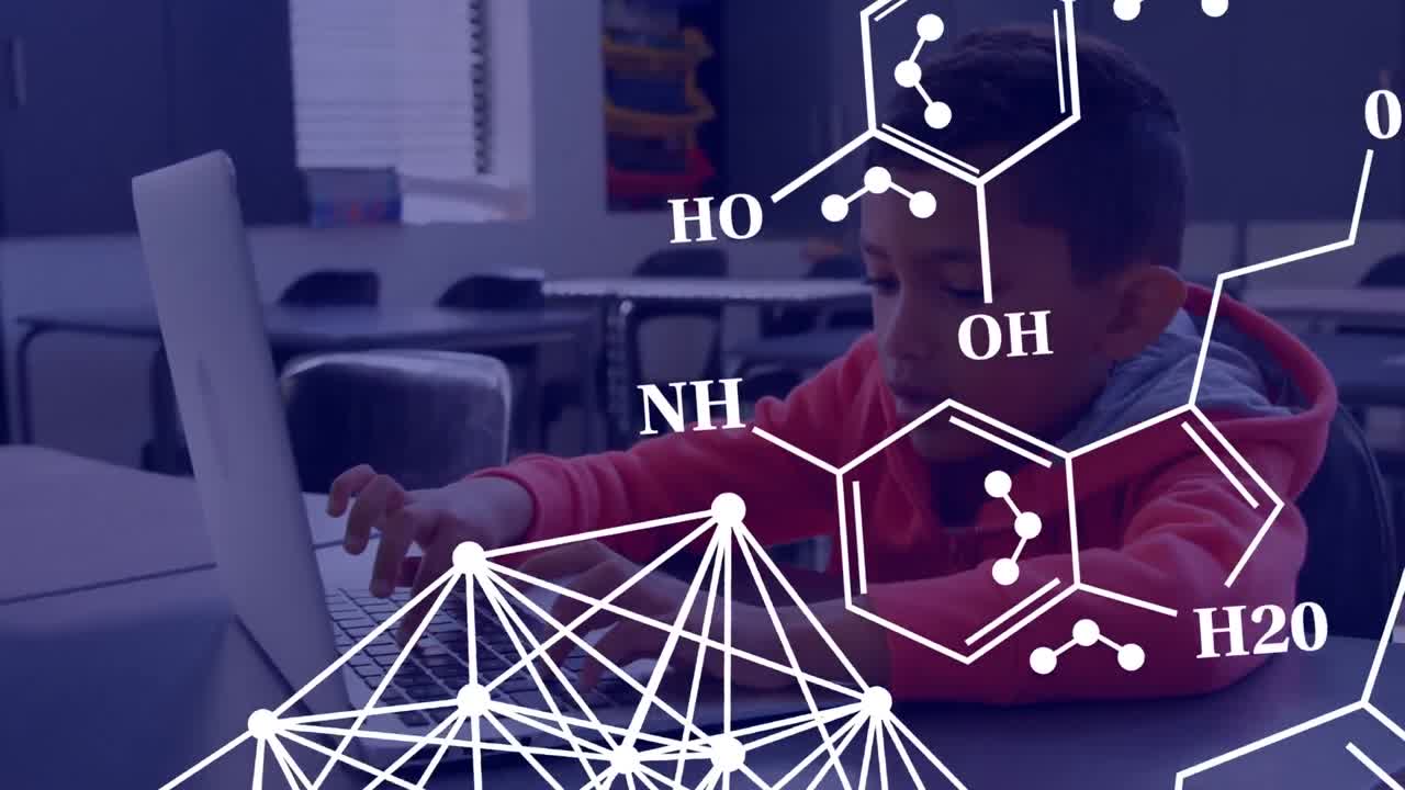 Animation of chemical shapes over biracial boy using laptop