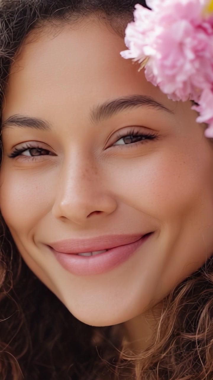 Primo piano accattivante di una bella donna sorridente con un trucco naturale e leggero, circondata da delicati fiori rosa in un'atmosfera luminosa e allegra.