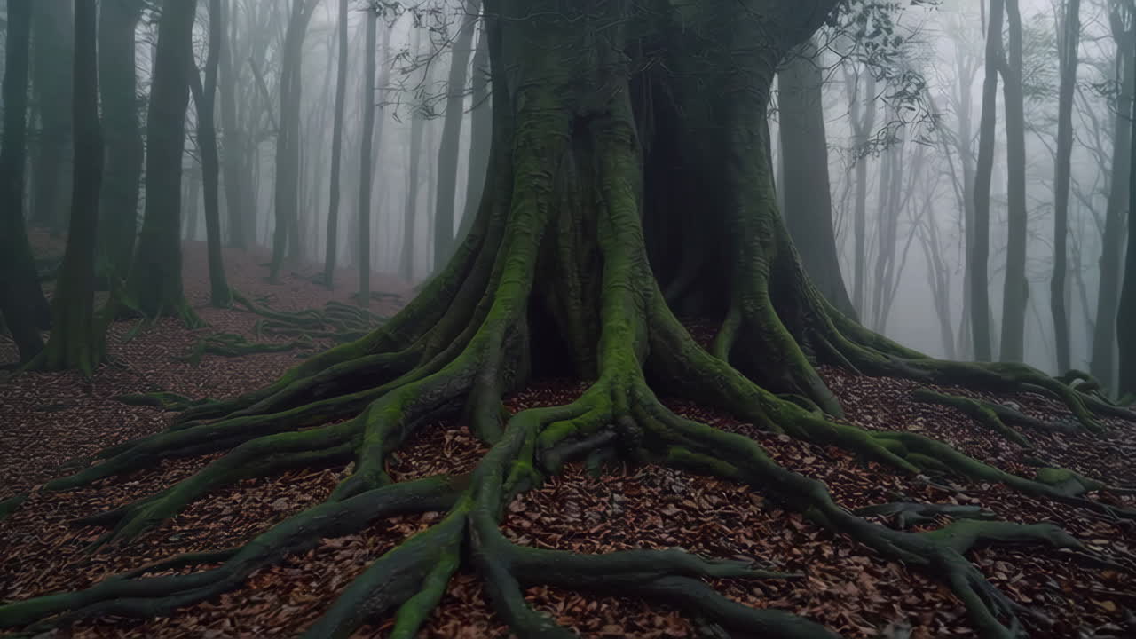 Ancient Moss-Covered Tree Roots in a Misty Forest