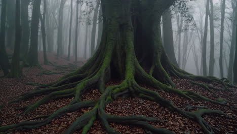ancient moss-covered tree roots in a misty forest