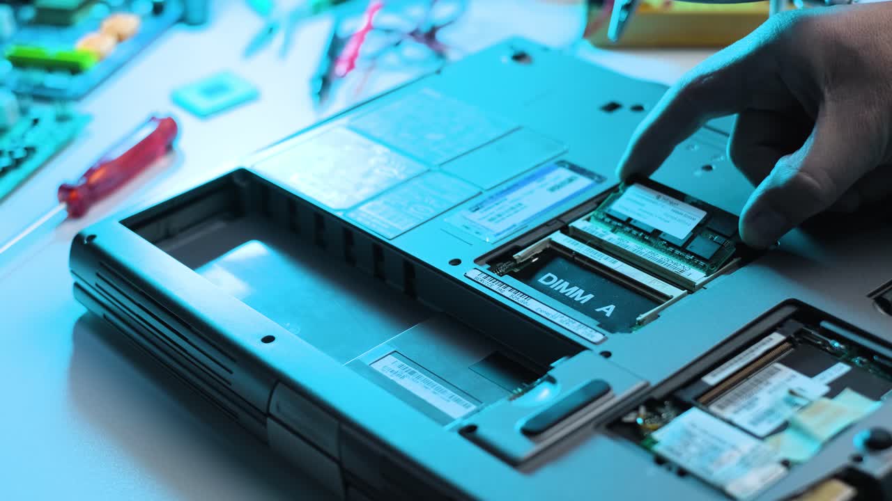 RAM memory being placed by a professional computer repair engineer in a laptop