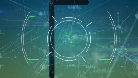 animation of network of connections, target and data processing on green background