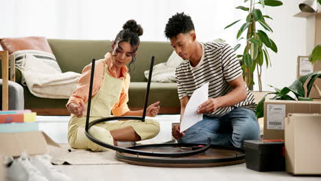 couple assembling furniture in new apartment