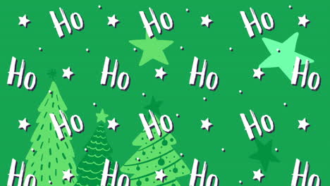 animation of ho ho ho text with stars and christmas trees on green background