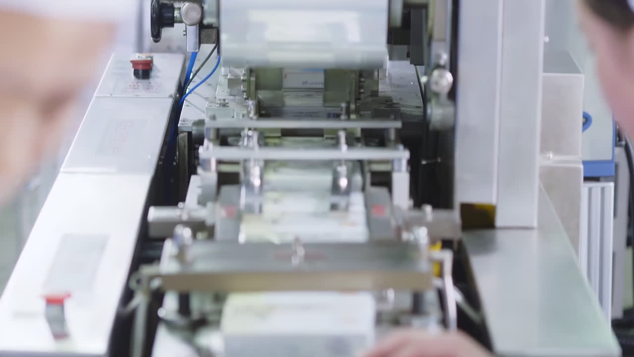Industrial pharmaceutical workers working at drugs sterile lab packaging factory, pills labeling products on assembly line. Staff wear safety gear, gloves, hats, eye protection, focusing on production
