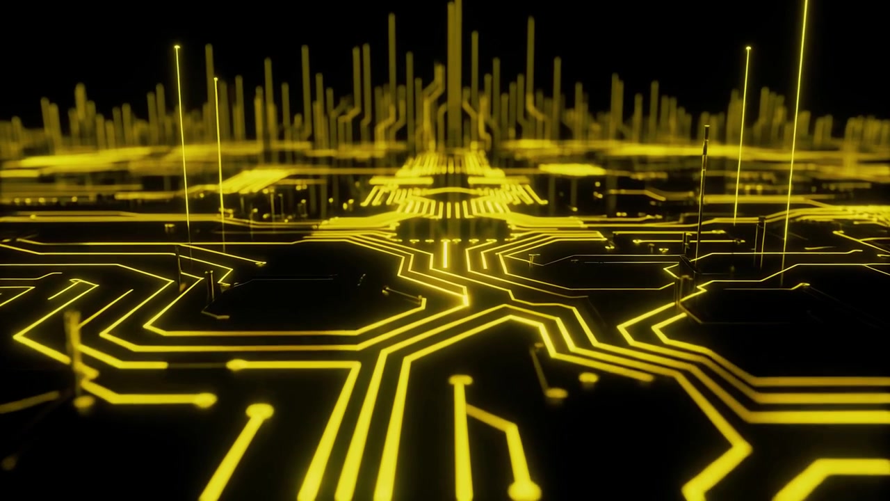 Digital Data Flow on Abstract Glowing Circuit Board