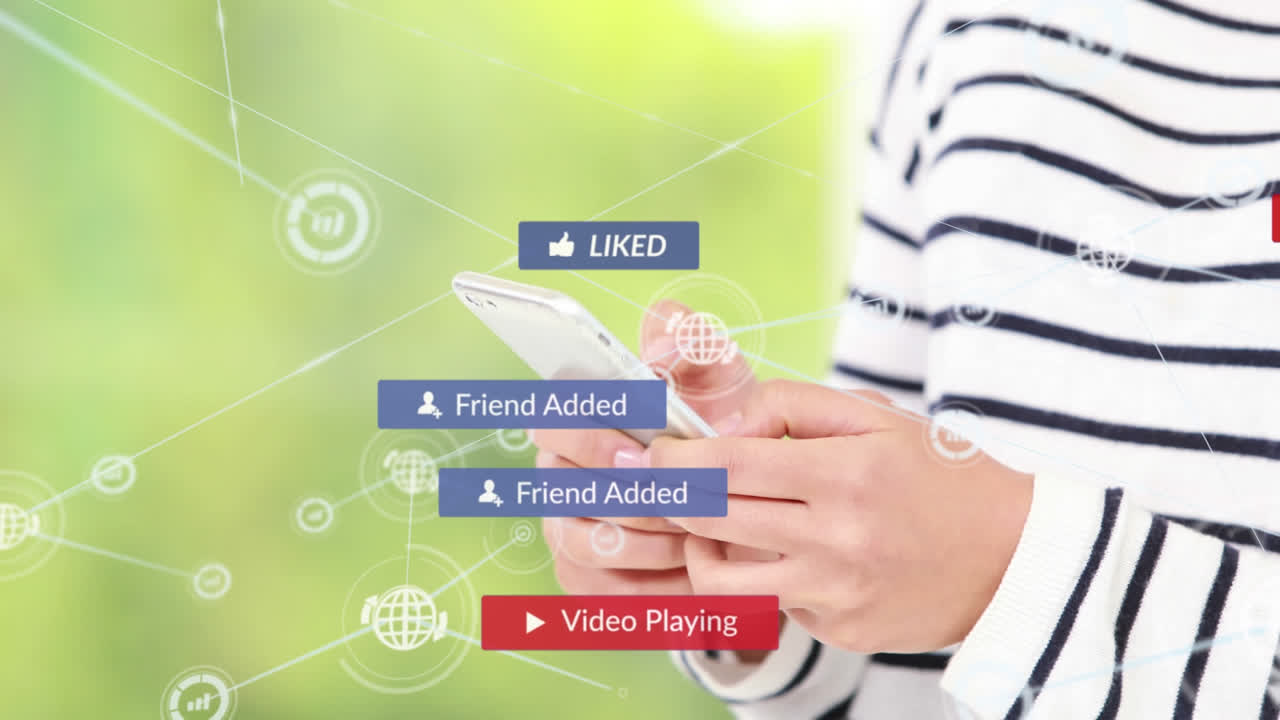 Animation of social media icons and numbers with connections over caucasian woman using smartphone