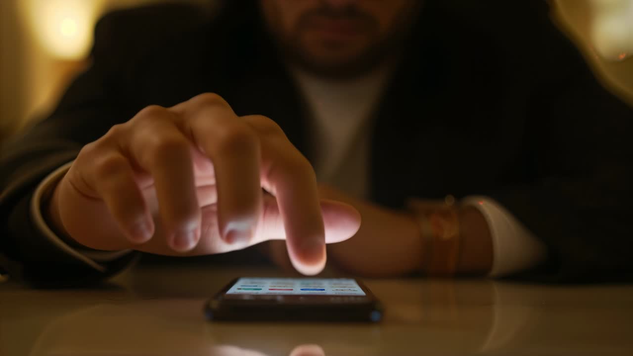 Mano destra che picchietta, con giacca e orologio, reagendo al bagliore dello smartphone per navigare le app sul tavolo.