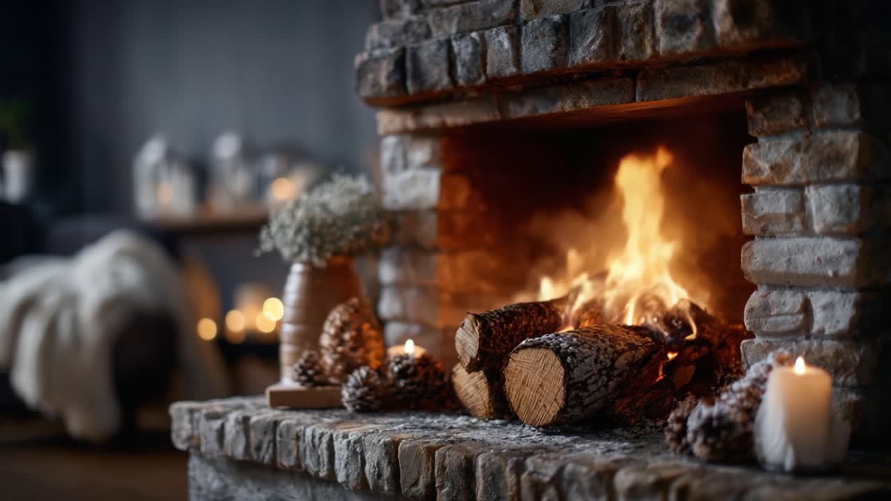 Warm and Inviting Fireplace Glow: A Cozy Scene with Flickering Flames, Logs, Pinecones, and Soft Textures Creating a Tranquil Home Atmosphere