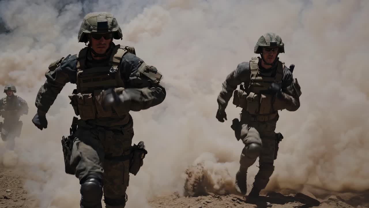Dynamic low-angle video shot of soldiers in tactical gear running through a dusty battlefield
