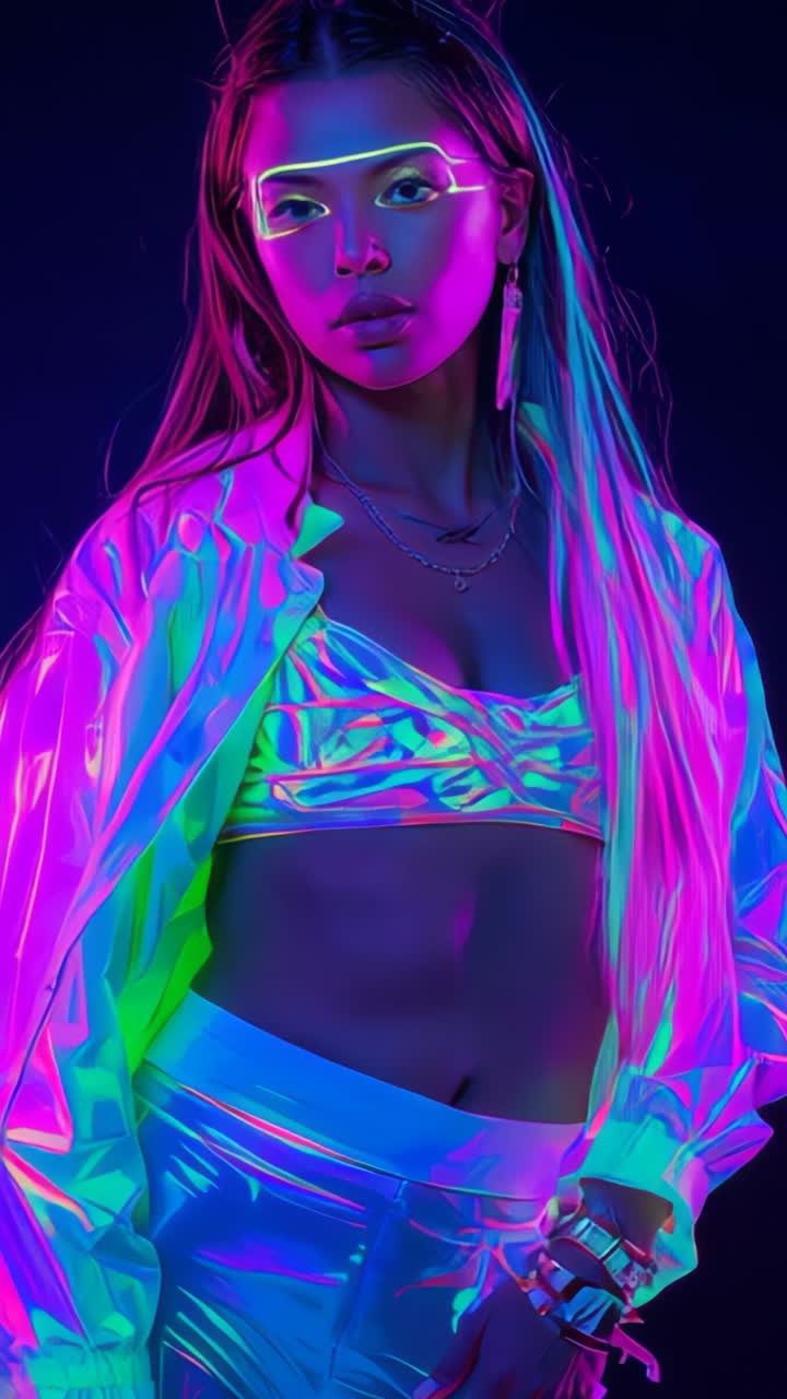 Vertical video: Lighting shifting purple-green driving model posing in studio, with neon line