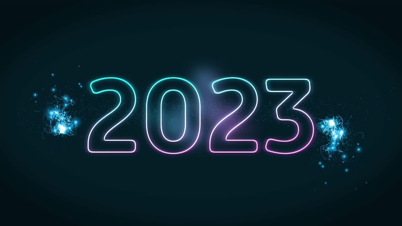 Animation of 2023 neon text over fireworks