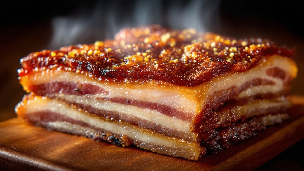 A Delectable Close-Up of Crispy, Golden Pork Belly with Rich Layers and Mouthwatering Aromas, Capturing the Perfect Blend of Crunch and Succulence for Culinary Enthusiasts