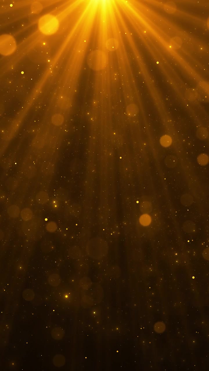 Raggi dorati si diffondono dal centro superiore attraverso polvere fluttuante, cerchi luminosi e piccole particelle.