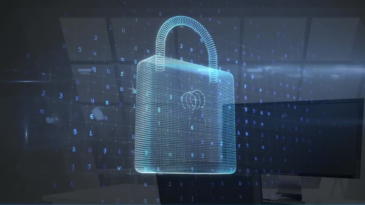animación de candados digitales y números en las computadoras de la oficina
