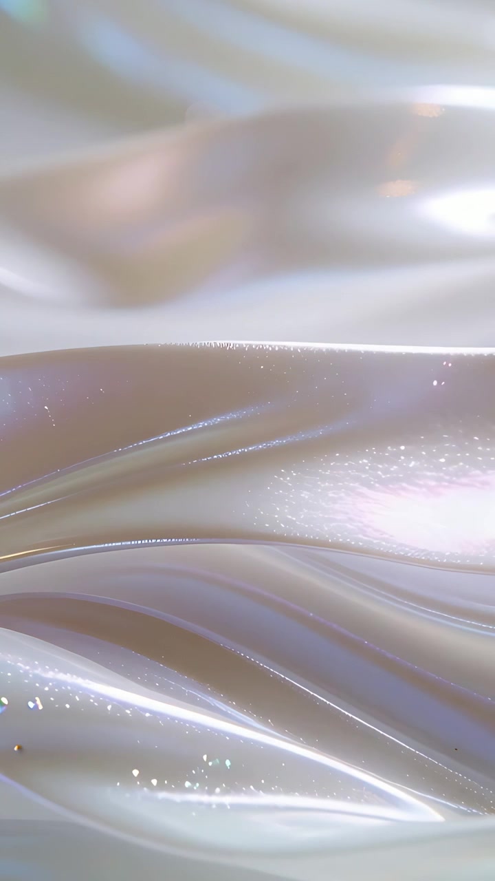 Video verticale: Nastri perlescenti cangianti che scorrono in studio dopo un passaggio di luce, mostrando scintille