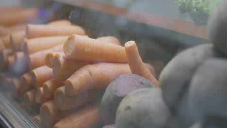 close up pan left of carrots in a refrigerator