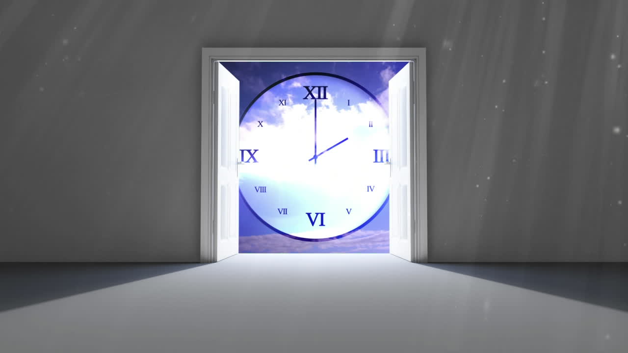 Pintu putih terbuka di jam digital