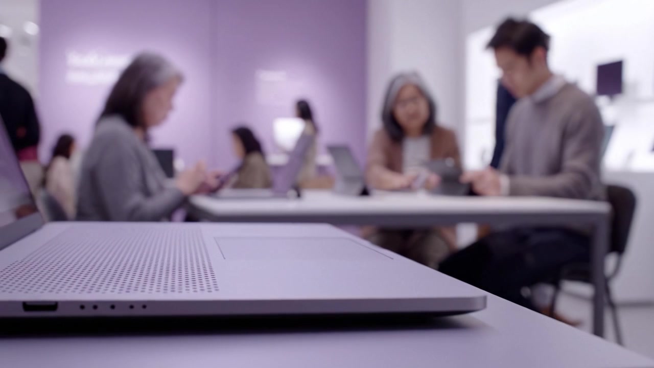 Uno spazio di lavoro moderno con individui impegnati nella tecnologia e nella collaborazione in un ambiente elegante e contemporaneo con laptop e dispositivi.