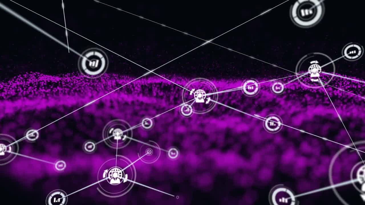 Animation of network of connections with digital icons over purple mesh
