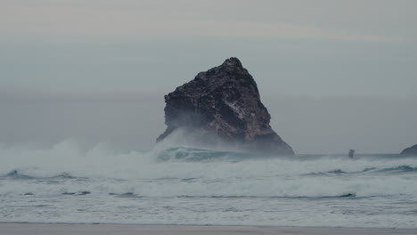 Poderosas-Olas-Rompiendo-En-La-Roca-De-Cabeza-De-León-En-La-Bahía-De-Flebótomos-Cerca-De-Dunedin,-Nueva-Zelanda