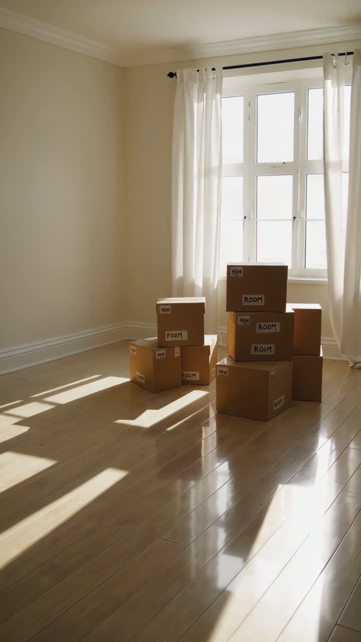 Moving Boxes Stacked in an Empty Room with Sunlight