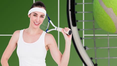 animation of happy caucasian female tennis player with rocket over tennis field and ball