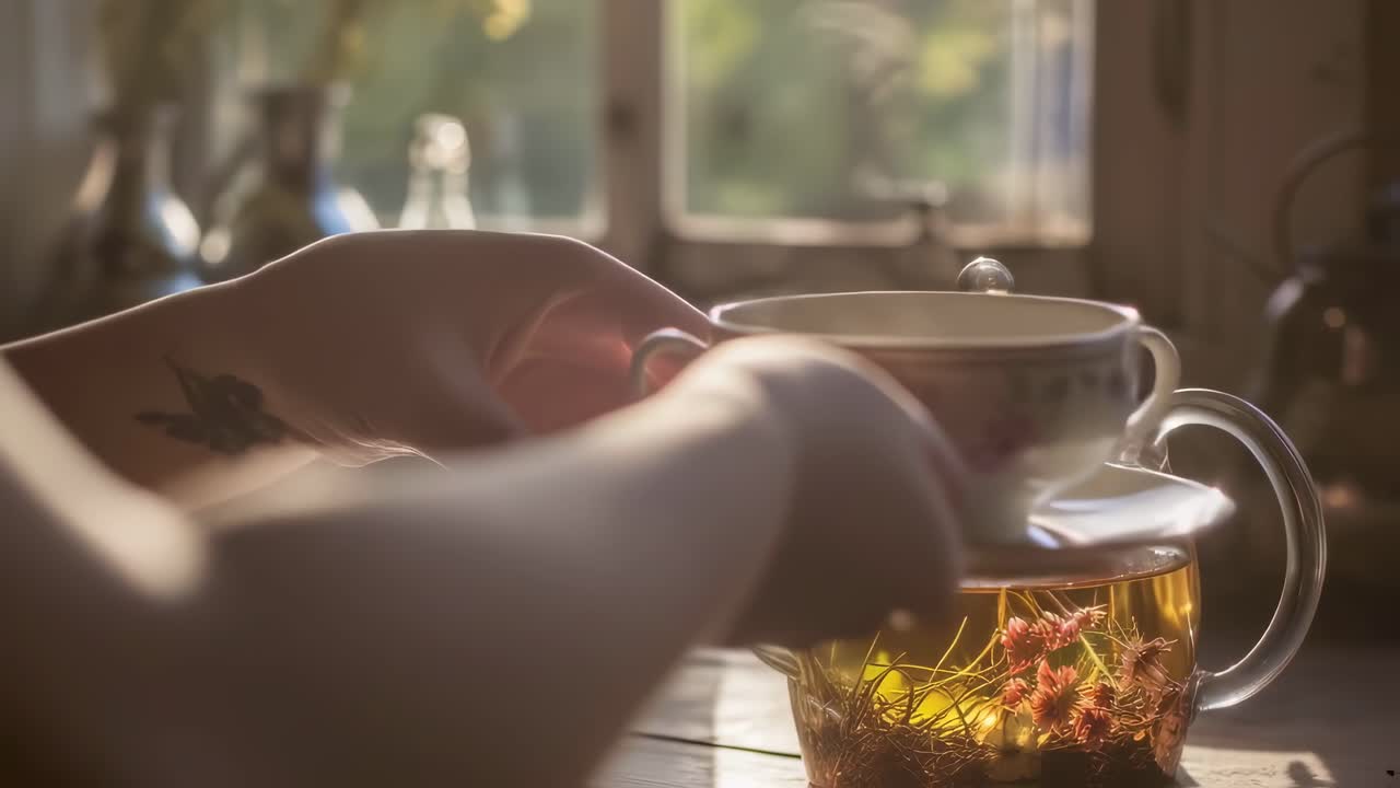 Woman serving a delicious blooming tea in a glass teapot on a table near the window in a sunny day, creating a cozy and relaxing atmosphere