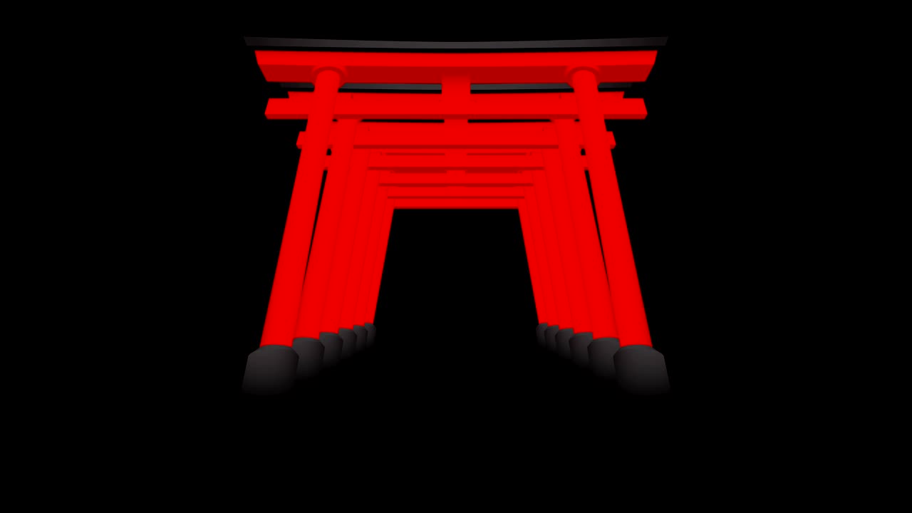 Japanese Torii perspective 3D virtual red color moving layer on black background, seamless looping animation 4K with copy space