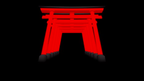 japanese torii perspective 3d virtual red color moving layer on black background, seamless looping animation 4k with copy space