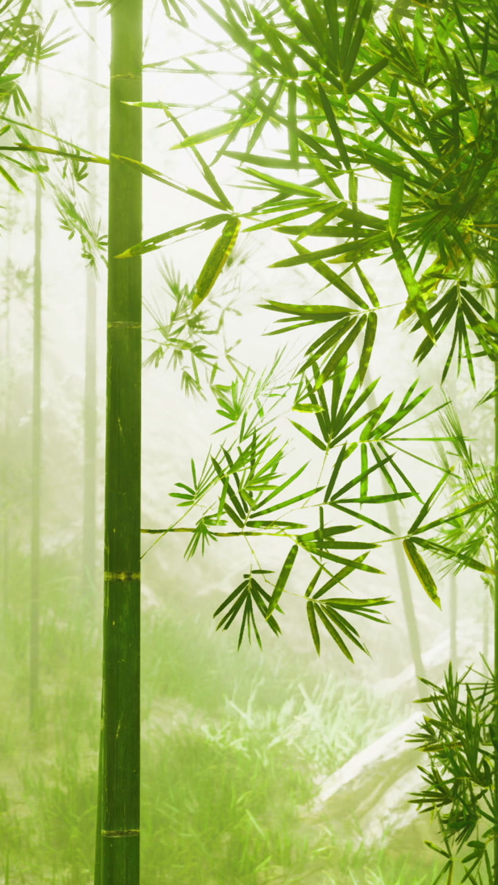 Bamboo grove in misty forest during early morning light