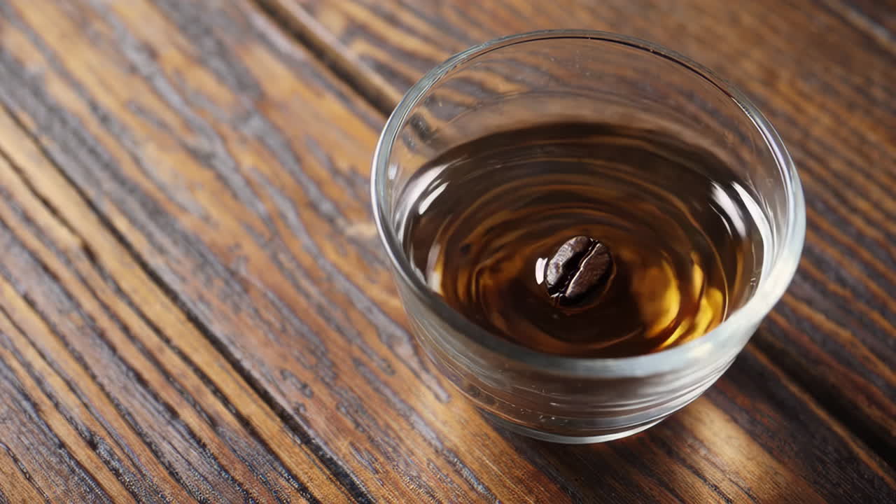 Un singolo chicco di caffè galleggia in una tazza di vetro trasparente su un tavolo di legno.