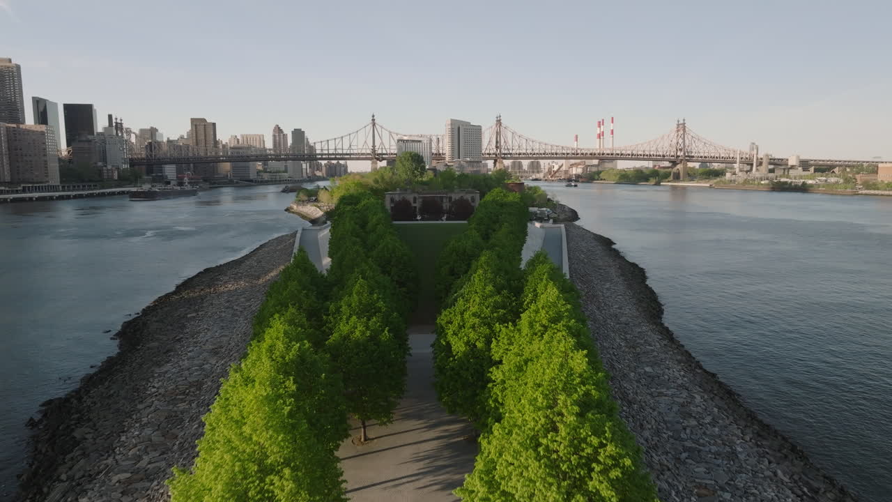 Aerial view of Roosevelt Island. Shot on a spring afternoon