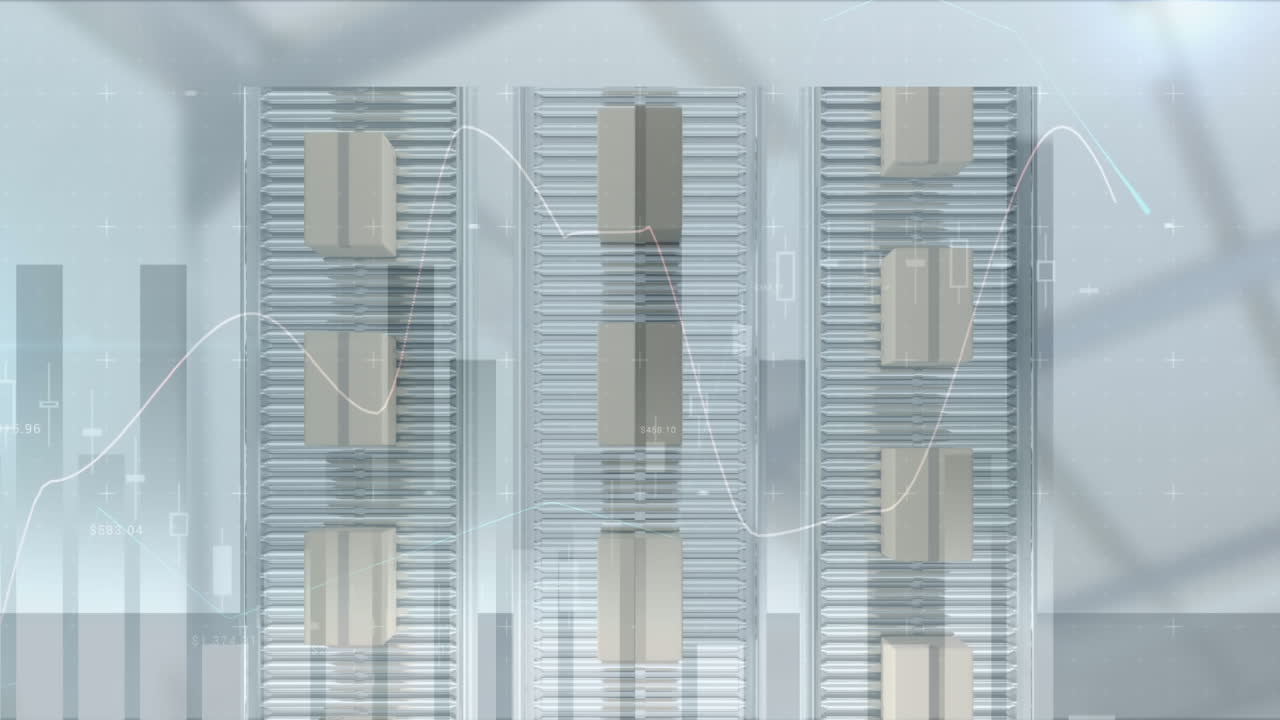 배경에서 컨베이어 벨트에 있는 카드보드 상자 위에서 통계 처리의 애니메이션