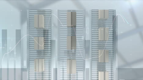 animation of statistics processing over cardboard boxes on conveyor belts in background