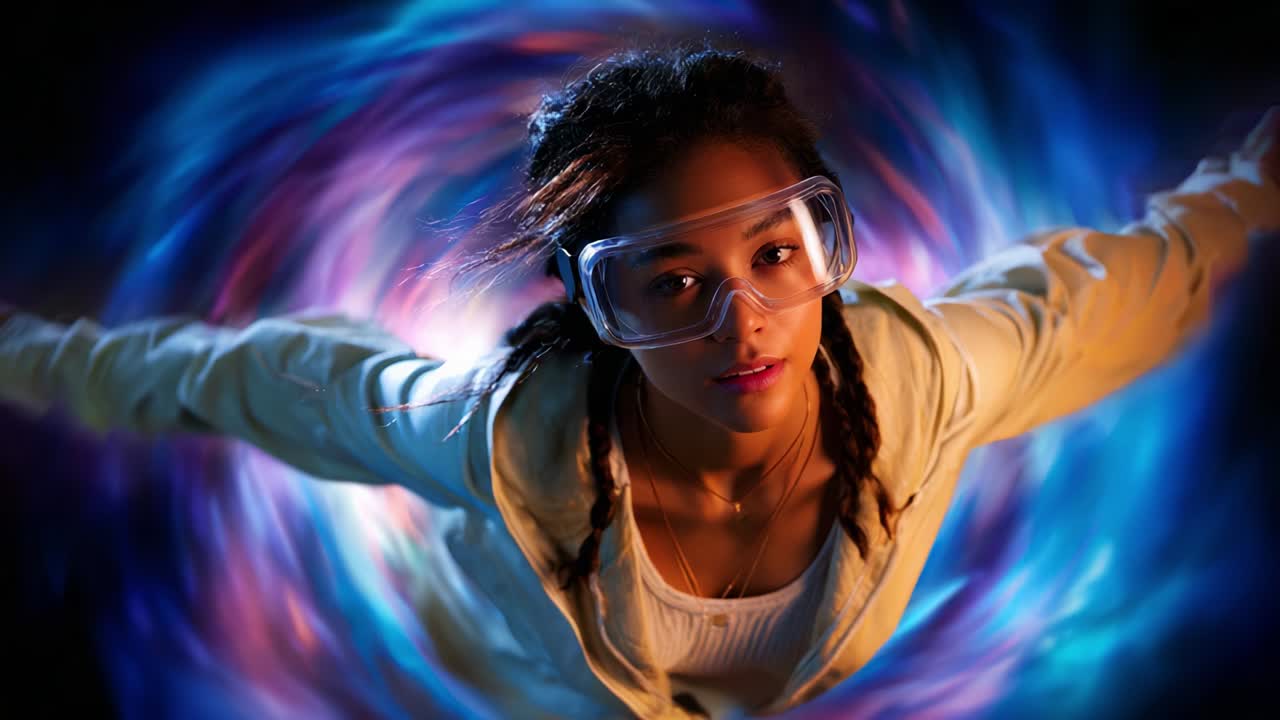 A young woman with protective goggles and a light jacket appears to be flying through a vibrant, swirling portal of colors, embodying the spirit of adventure and exploration amid a fantastical cosmic backdrop
