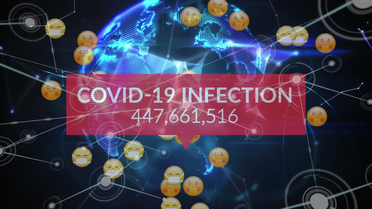 Animazione di elaborazione dati COVID-19 con emoji con mascherine, globo e rete di connessioni