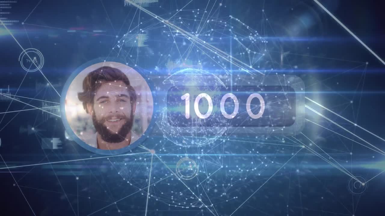 파란색 배경에 아이콘과 데이터 처리를 가진 연결 네트워크의 애니메이션