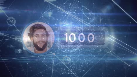 animación de la red de conexiones con iconos y procesamiento de datos sobre fondo azul