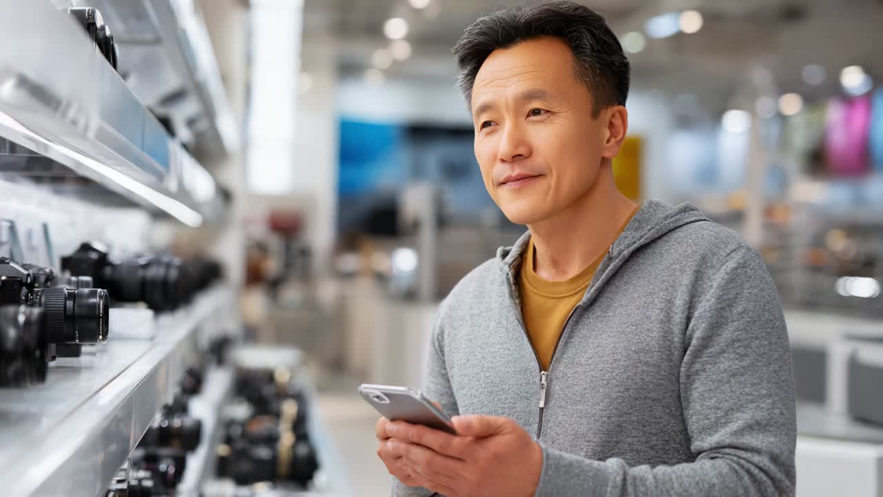 Man Engaged in Selecting a Camera While Browsing with a Smartphone in a Photography Store Environment, Deep in Thought as He Compares Options and Looks for Information on His Device