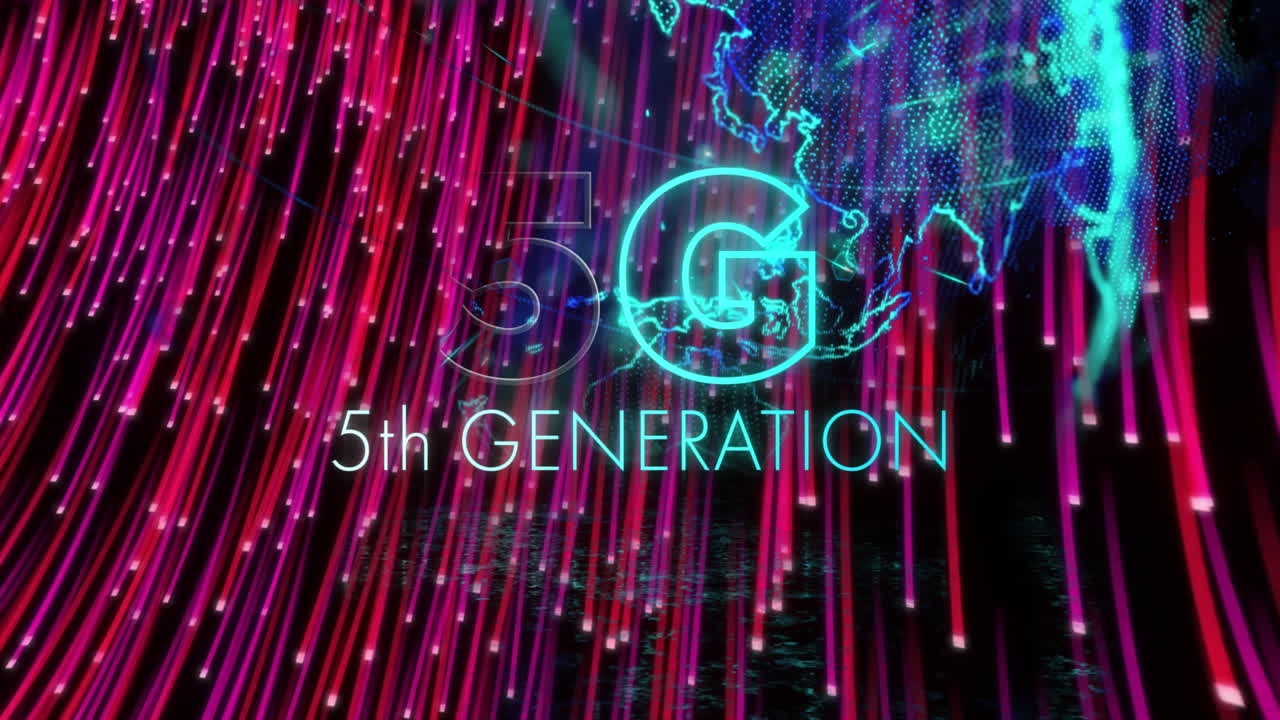 검은 바탕에 보라색 빛 흔적에 대항하는 5g 텍스트의 디지털 애니메이션