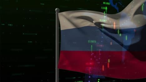 Animation-Der-Flagge-Russlands-über-Der-Weltkarte-Und-Datenverarbeitung