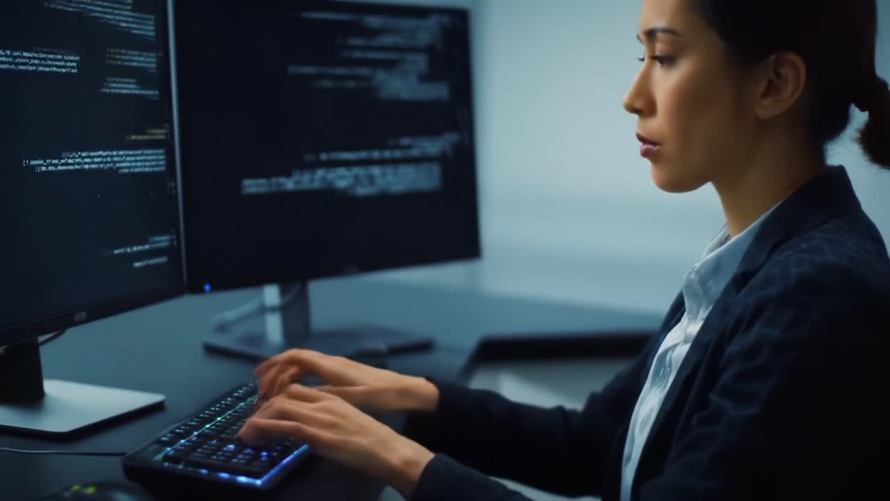 A Professional Woman Engaged in Advanced Digital Work, Showcasing the Fusion of Technology and Collaboration in a Modern Workspace Environment