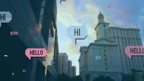 animation of social media text and data processing over cityscape