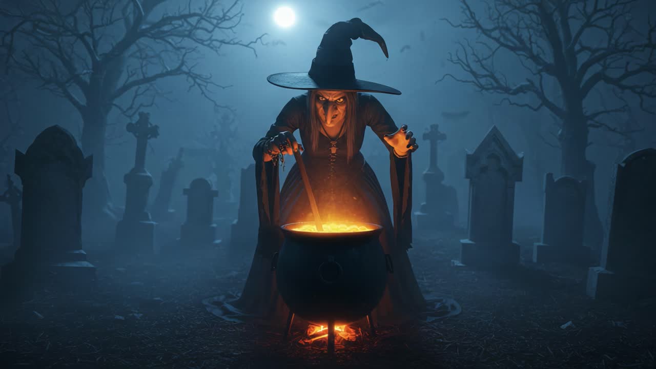 A Mysterious Witch Stirs a Bubbling Cauldron Beneath a Full Moon in a Spooky Graveyard, Enveloped by Gloomy Trees and Eerie Shadows