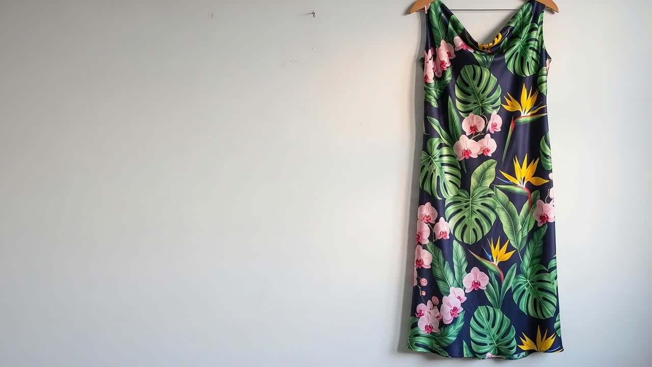 A Vibrant Tropical Floral Dress Hanging Against a Minimalist Wall Background, Showcasing Lush Green Leaves and Colorful Blossoms for a Fashionable Statement