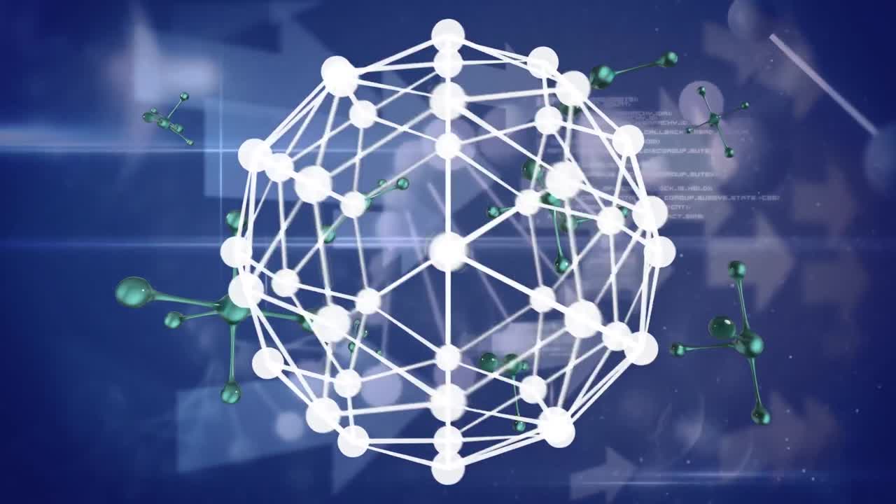 animación del globo de conexiones sobre moléculas y procesamiento de datos sobre fondo azul
