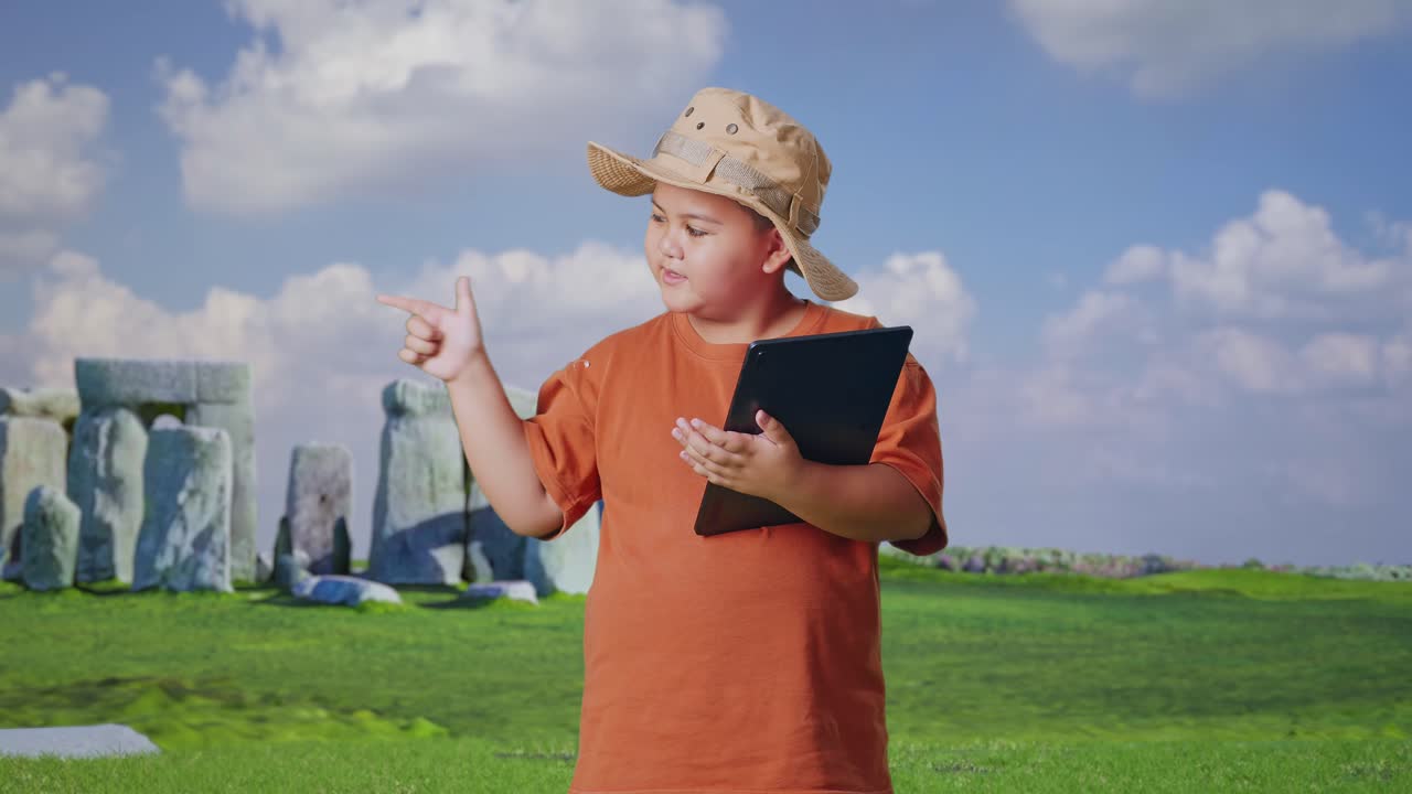Asian Boy With A Hat Using A Tablet Then Smiling And Pointing To Side While Traveling In Stonehenge. Boy Researcher Examines Something, Travel Tourism Adventure Concept