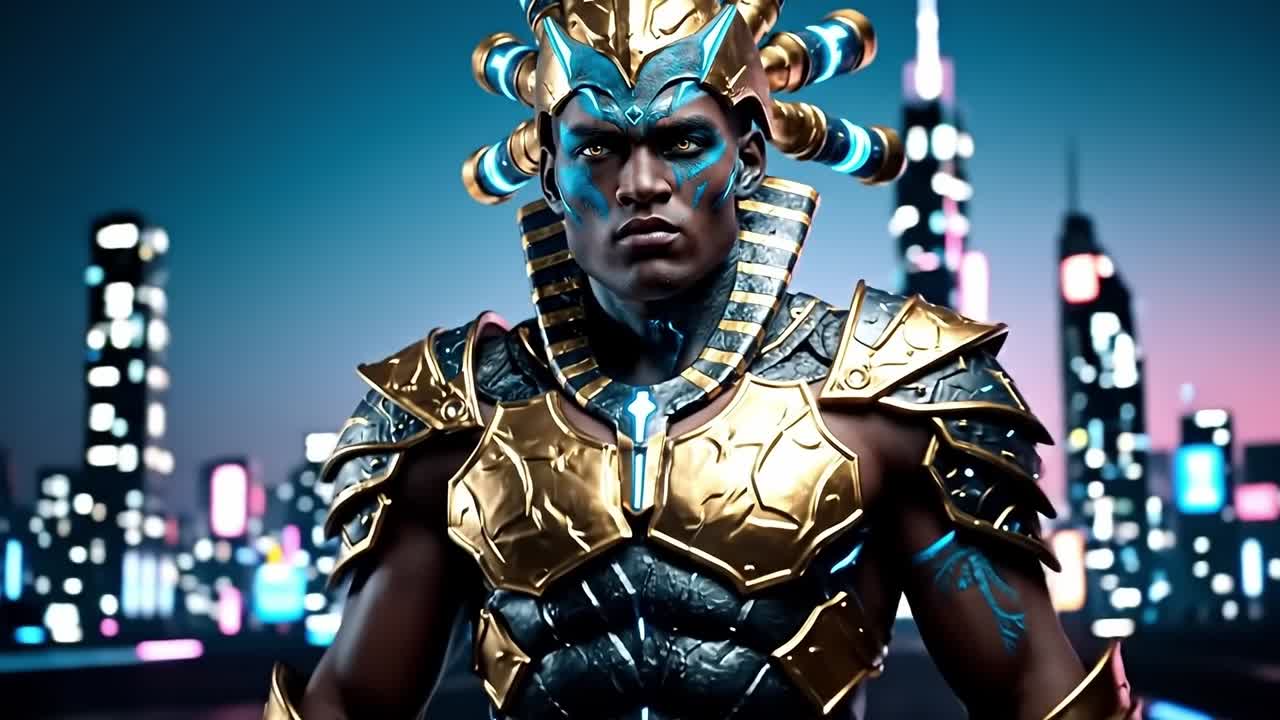 A man in a gold and blue costume with a sword in his hand