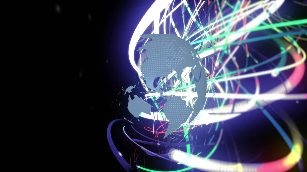 Animation of globe with colorful light trails and digital network connections